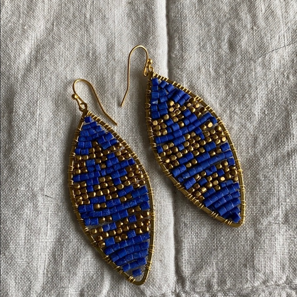 Blue and gold beaded earrings